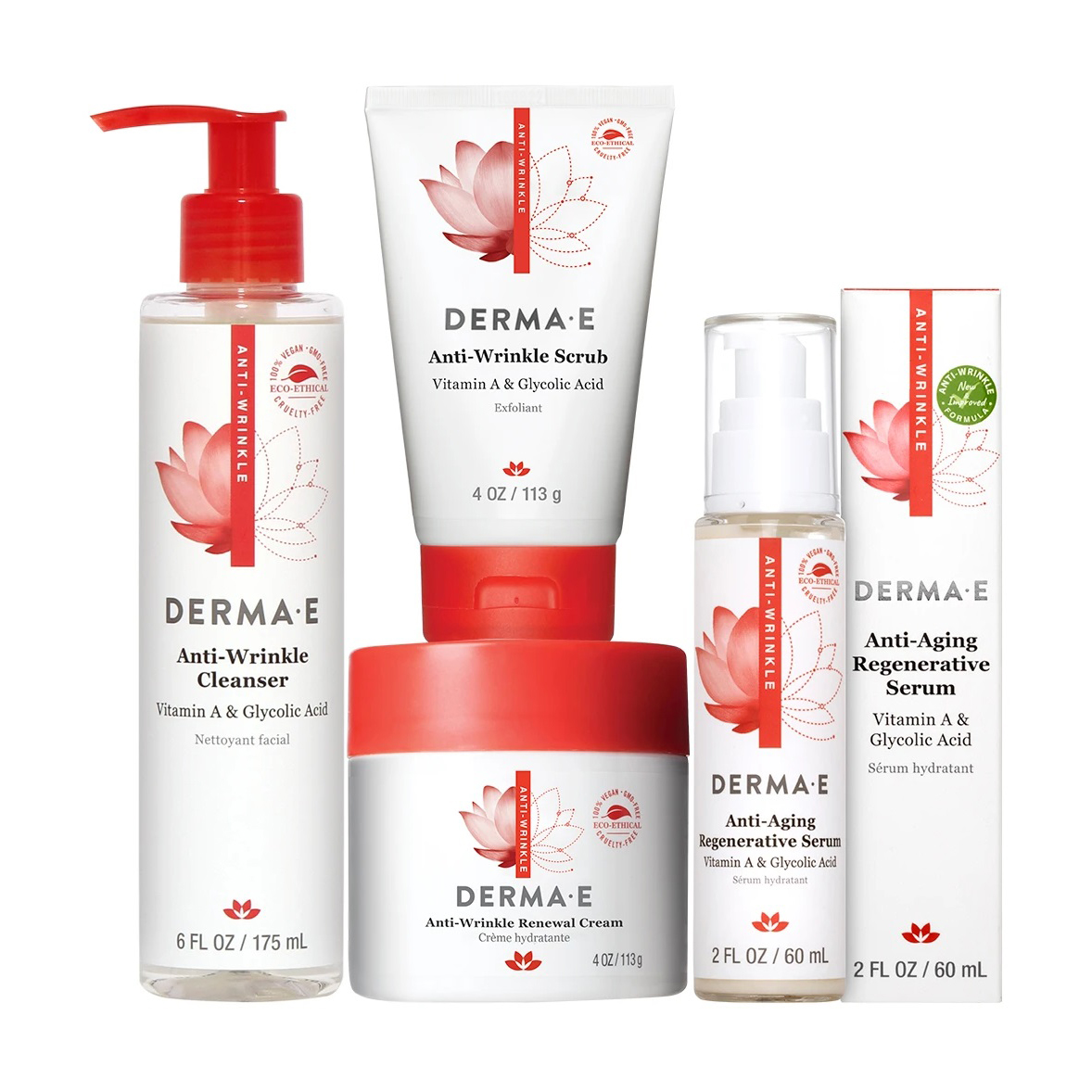Набір для обличчя Derma E Anti Wrinkle (засіб для вмивання, 175 мл + скраб для обличчя, 113 г + крем для обличчя, 133 г + сироватка для обличчя, 60 мл)